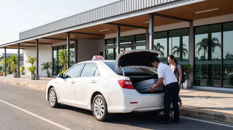 Driver loading a suitcase into a taxi outside a small airport terminal