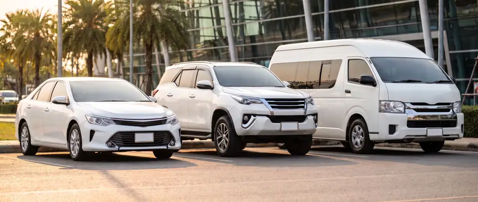 A white sedan, SUV and van at a city kerb