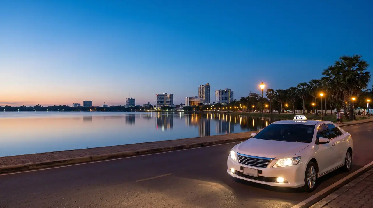 A taxi at Bueng Kaen Nakhon lake in Khon Kaen at blue hour